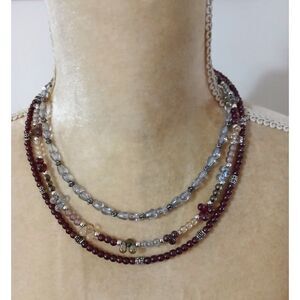 Napier Multi Strand Beaded 16" Necklace Red Glass & Clear Beads Silver Tone